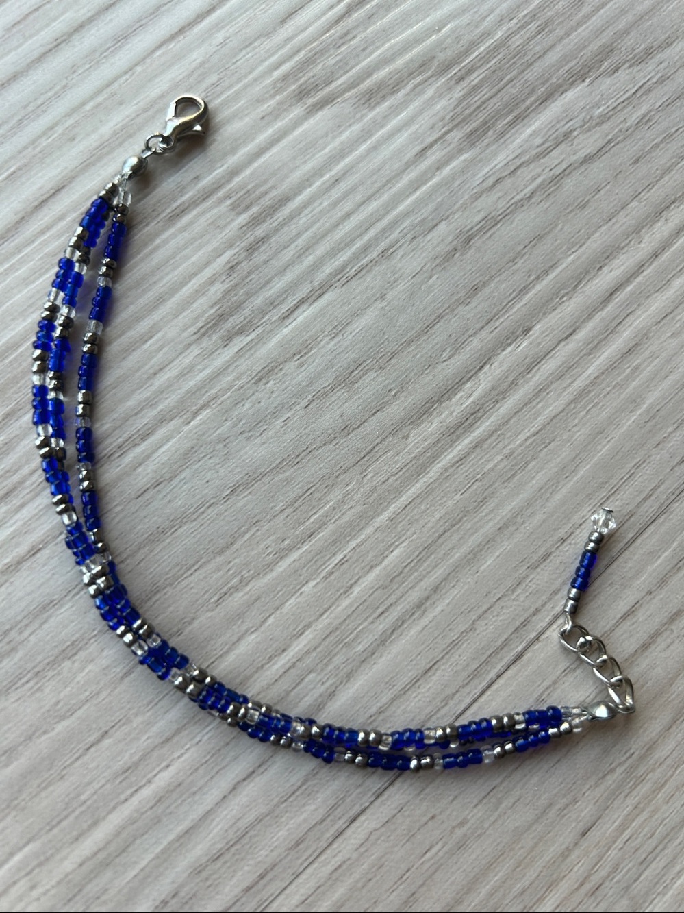 Triple Strand Seed Bead Bracelet Blue Silver Lobster Clasp